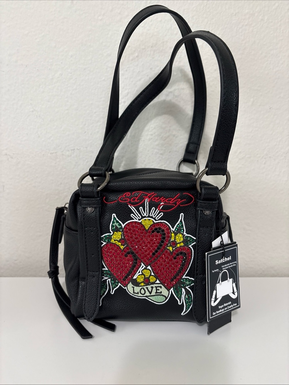 Ed Hardy Black Satchel with Red Heart Trio Embroidery